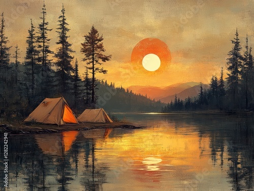 Sunset Lakeside Camping Scene with Tents and Reflection in Serene Nature photo