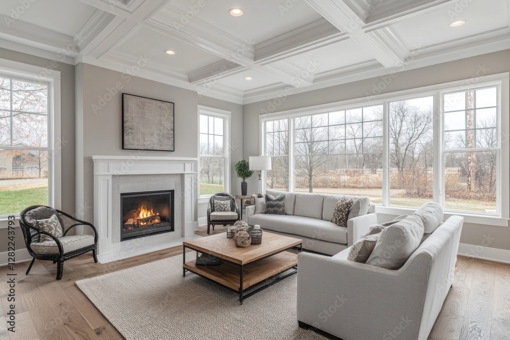 Bright, airy living room with fireplace, coffered ceiling, and large windows. Bright, airy living room with fireplace, coffered ceiling, and large windows.