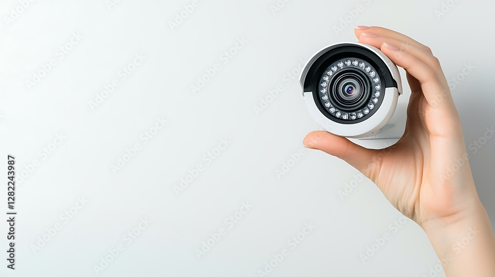 Security Camera Held in Hand Against a Clean White Backdrop for Technological Safety and Surveillance Security Camera Held in Hand Against a Clean White Backdrop for Technological Safety and Surveillance