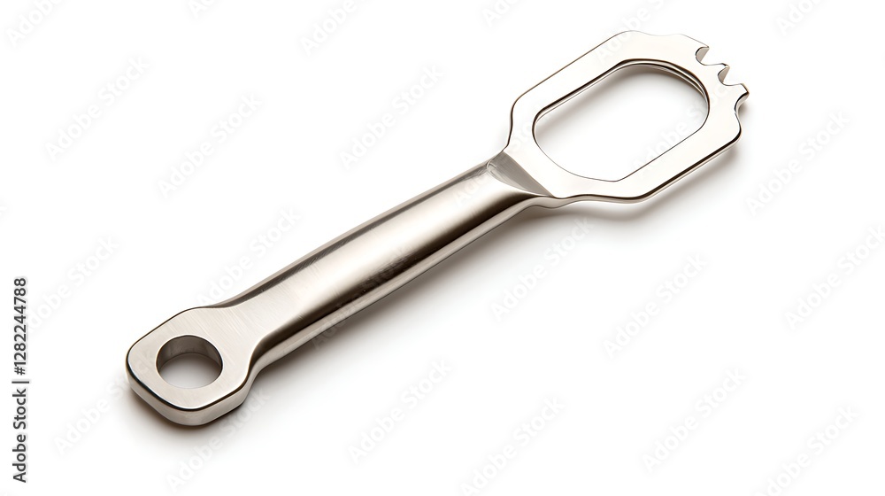 Shiny Stainless Steel Kitchen Utensil with Three Pronged Fork End on Plain White Background Studio Shot Shiny Stainless Steel Kitchen Utensil with Three Pronged Fork End on Plain White Background Studio Shot