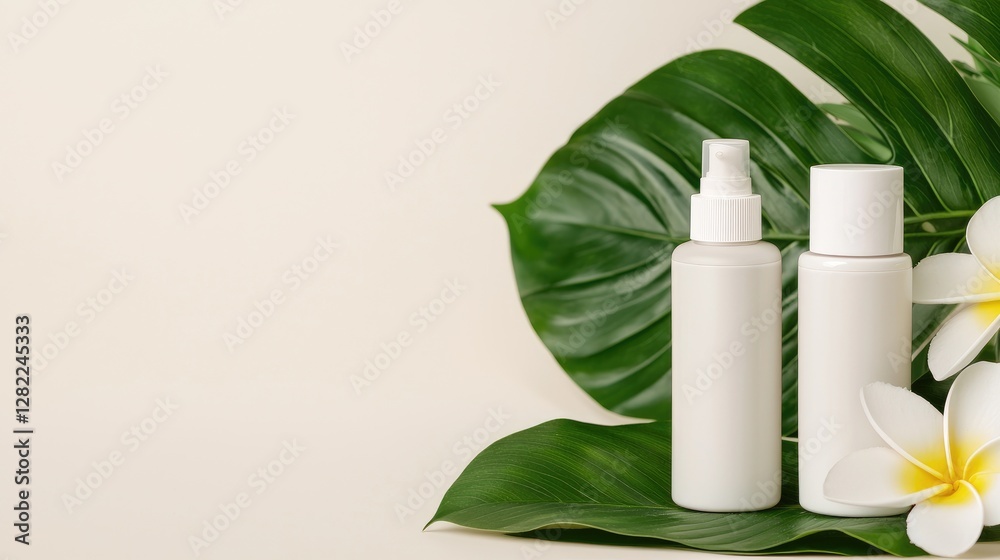 Empty skincare bottles on tropical leaves Empty skincare bottles on tropical leaves