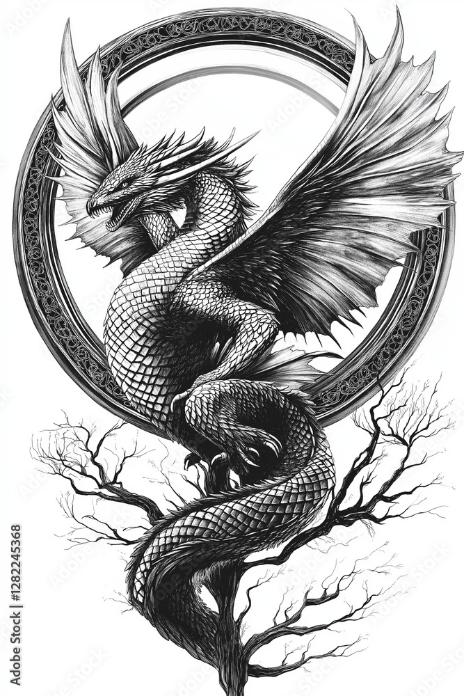 Fototapeta premium Mystischer Drache schwebt majestätisch im ovalen Rahmen