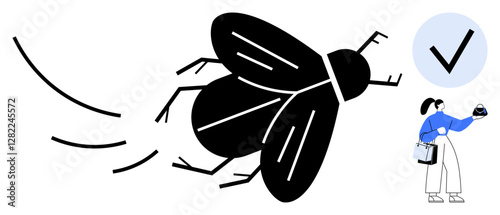 Giant buzzing fly disrupts a persons task completion with a checklist and coffee cup. Ideal for themes of focus, distraction, productivity, time management, multitasking, annoyance, goal setting