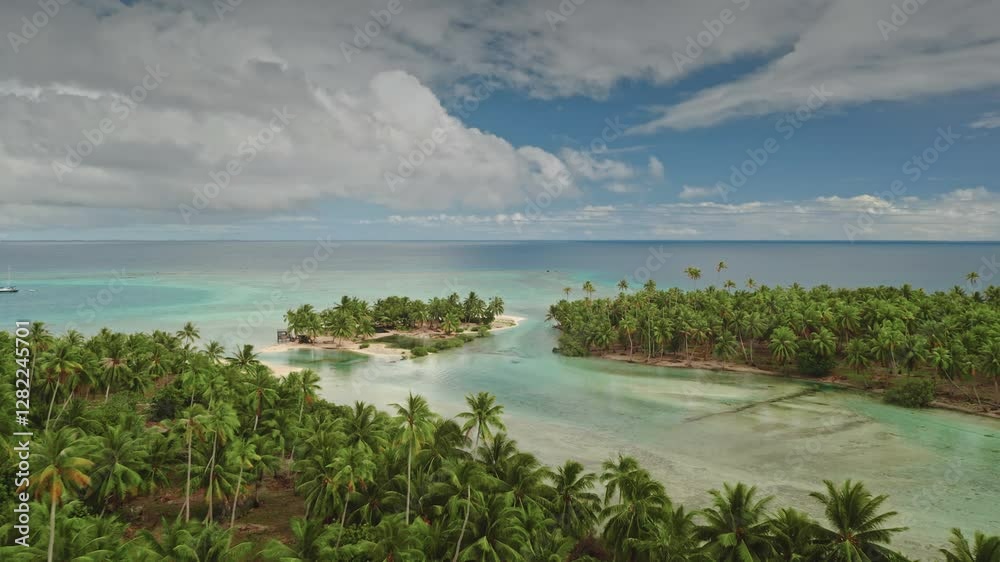 Breathtaking aerial perspective, drone fly over multiple lush tropical islands with palm trees, surrounded by turquoise waters under a blue cloudy sky. Relaxation and adventure. Exotic travel getaway Breathtaking aerial perspective, drone fly over multiple lush tropical islands with palm trees, surrounded by turquoise waters under a blue cloudy sky. Relaxation and adventure. Exotic travel getaway