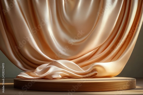 Elegant Brown Silk Drapes on Polished Wooden Platform in Minimalist Setting