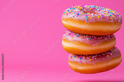 Wallpaper Mural Pastel pink donuts glazed with vibrant sprinkles floating against matching pink background Torontodigital.ca