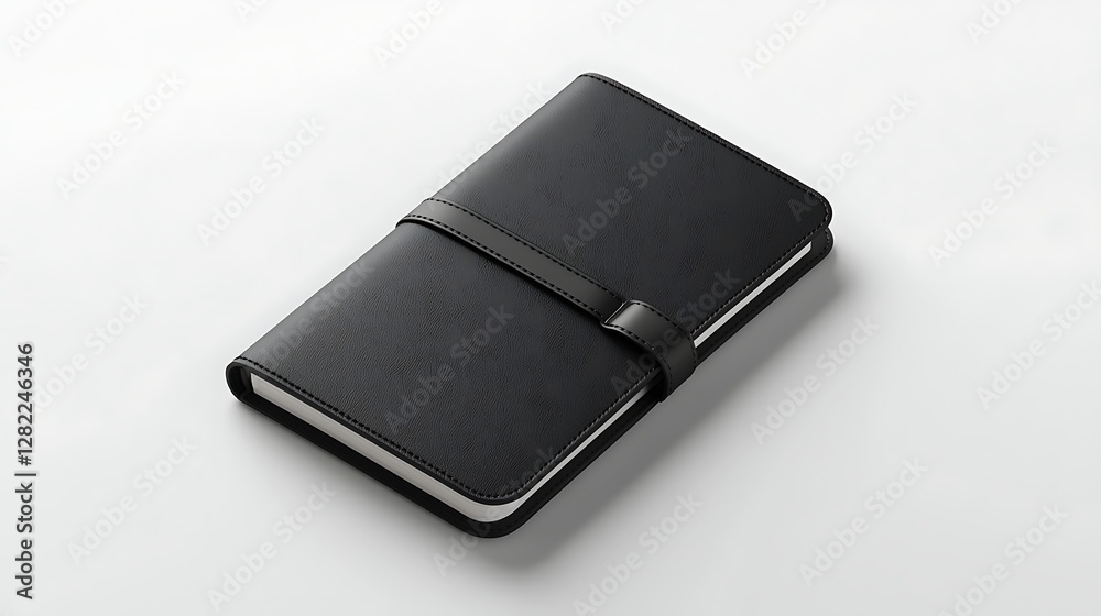 Sleek Black Leather Notebook with Strap on White Surface for Professional Use and Journaling Experience Sleek Black Leather Notebook with Strap on White Surface for Professional Use and Journaling Experience