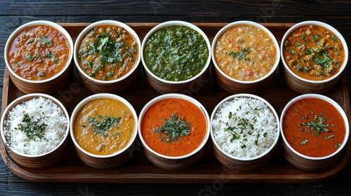 Wallpaper Mural Indian curry and rice variety in bowls on wooden tray Torontodigital.ca