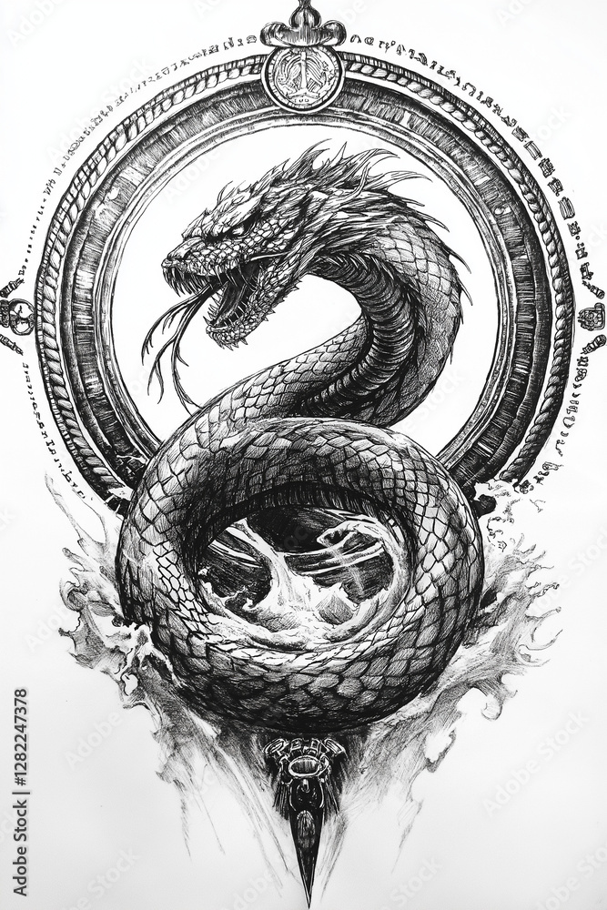 Obraz premium Drachenkunstwerk in stilisiertem Design mit mystischem Rahmen