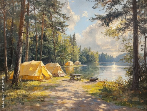 Aerial View of Serene Camping by Sermo Lake in Kulonprogo Yogyakarta Indonesia photo
