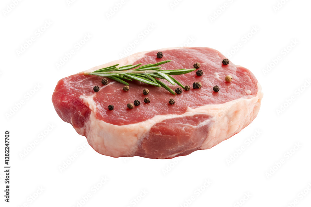 Piece of meat with pepper and rosemary on top, isolated Piece of meat with pepper and rosemary on top, isolated