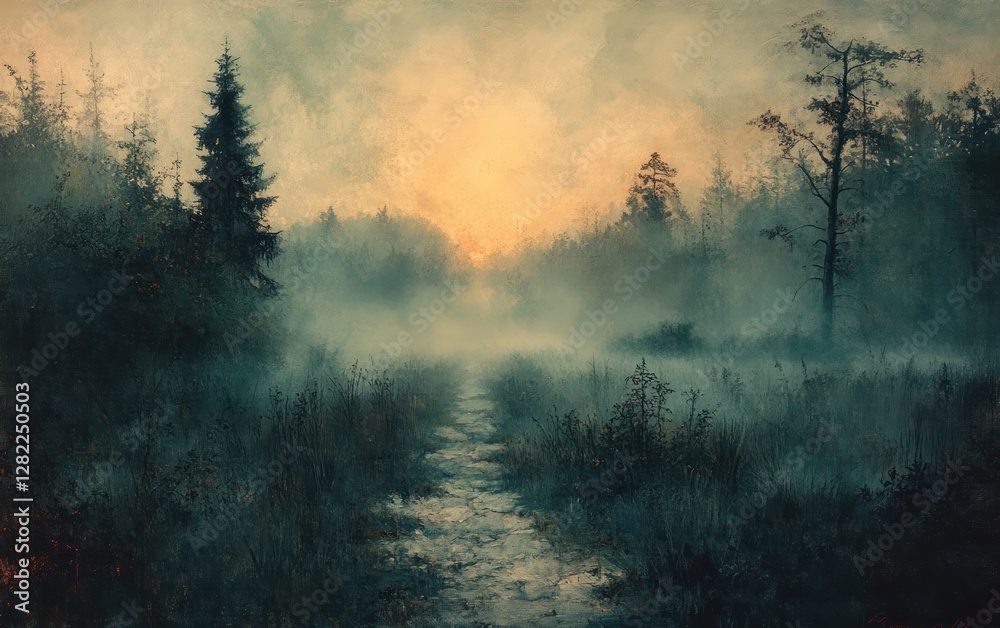 Fototapeta premium Misty Ethereal Landscape with Concrete Room and Smoke Enveloped in Fog