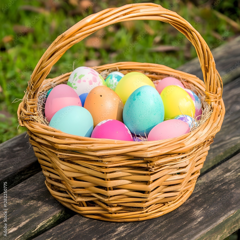 Naklejka premium Easter basket with colored easter eggs with spring flowers at the back. 