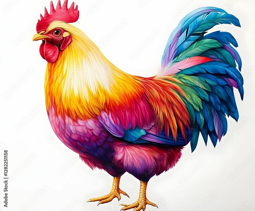 Fototapeta premium Colorful rooster standing proudly with vibrant feathers in a lively depiction