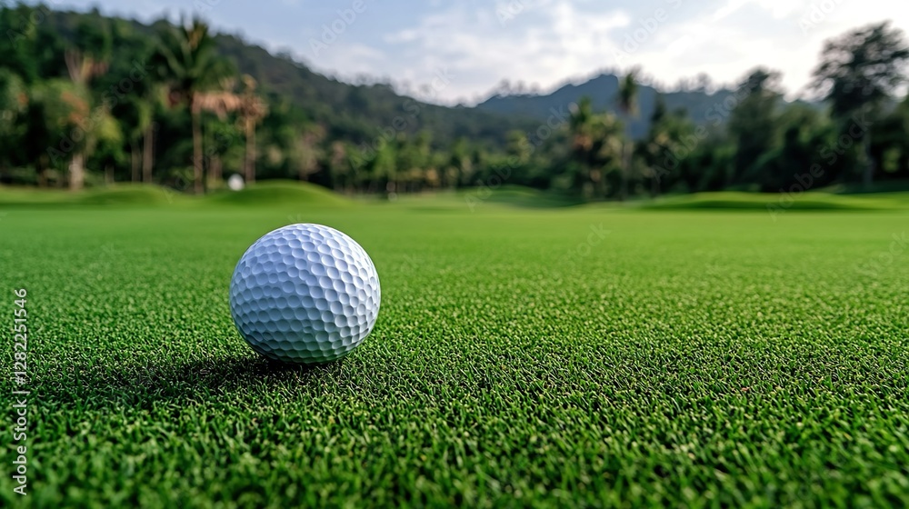 Golf Ball on Green Fairway Under Bright Blue Sky Scenic Landscape Golf Ball on Green Fairway Under Bright Blue Sky Scenic Landscape