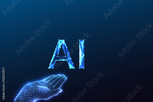 Artificial intelligence futuristic concept with glowing wireframe hand presenting the letters AI. 