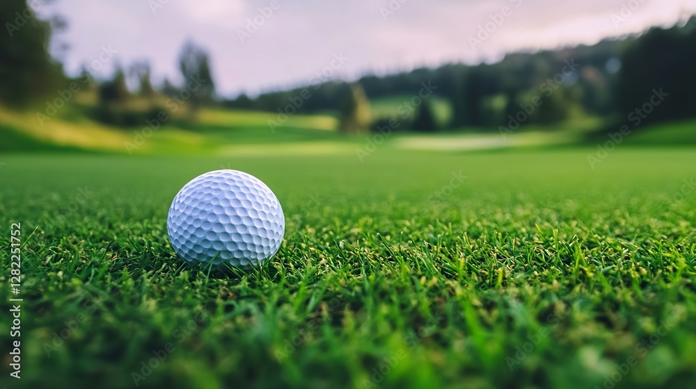 Golf Ball on Pristine Putting Green Scenic Golf Course Landscape Golf Ball on Pristine Putting Green Scenic Golf Course Landscape