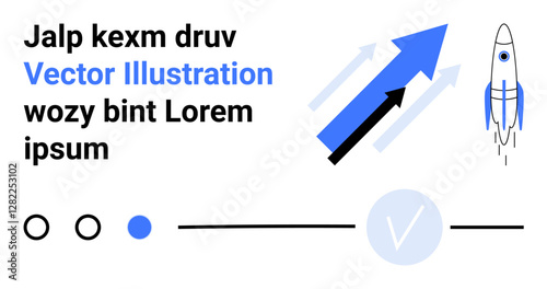 Blue and black arrows pointing upwards, a blue rocket icon, and various geometric shapes. Ideal for business growth, innovation, startups, progress, success marketing strategy. Landing page