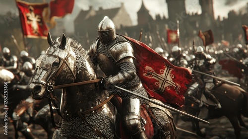 A dramatic medieval battlefield scene with knights charging. 