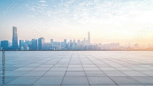 A minimalist square floor sets the stage for the bustling city backdrop.