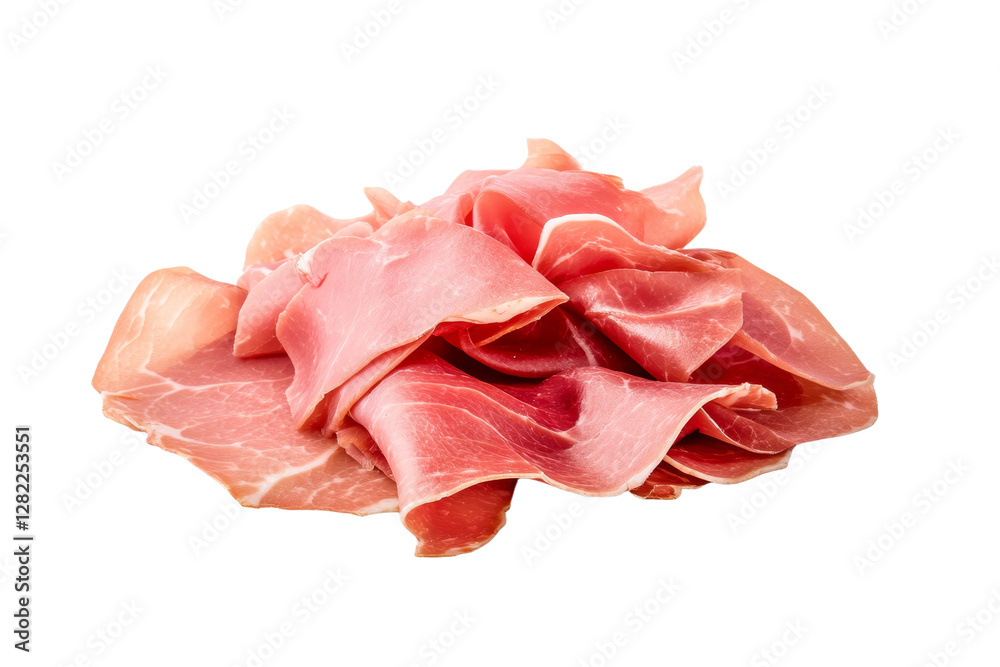 Pile of ham slices on a white background, isolated Pile of ham slices on a white background, isolated