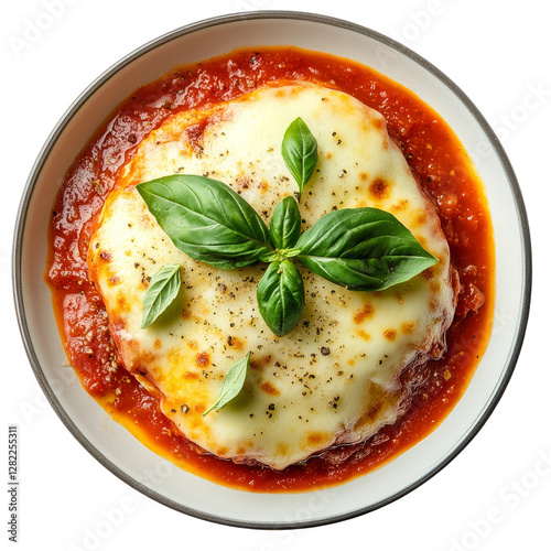 an overhead view of a round plate featuring a delicious parmigiana topped with melted cheese and rich tomato sauce, garnished with fresh basil leaves, isolated on a pure white background.