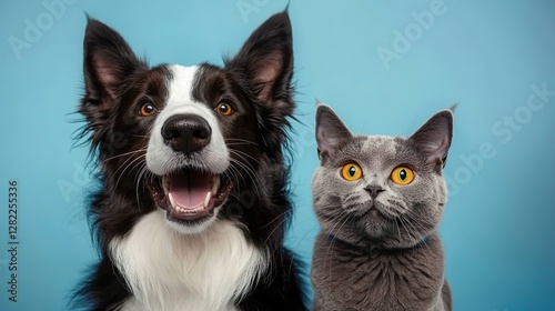 Adorable Cat and Dog Friendship on Blue Background