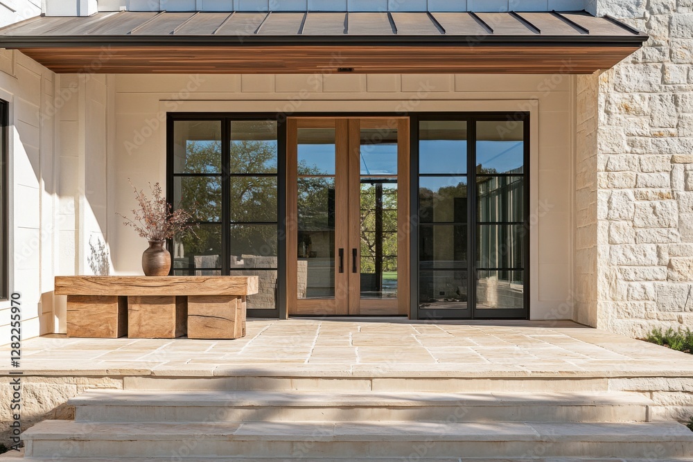 Front entryway of a modern home showcasing a stylish wooden table and large glass doors inviting nature indoors amidst tranquil surroundings Front entryway of a modern home showcasing a stylish wooden table and large glass doors inviting nature indoors amidst tranquil surroundings