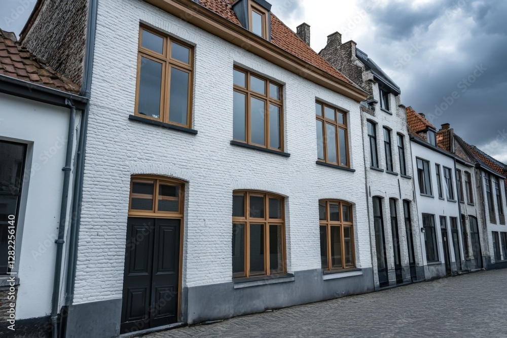 Historic architecture in a quiet European street under a cloudy sky during the late afternoon reveals the charm of traditional buildings with wooden accents Historic architecture in a quiet European street under a cloudy sky during the late afternoon reveals the charm of traditional buildings with wooden accents