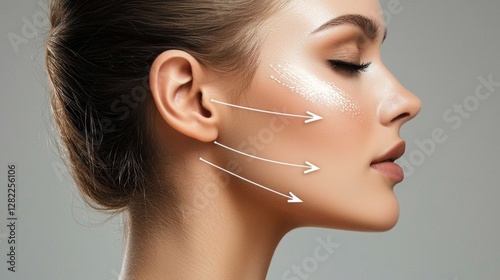 A close-up profile of a woman showcasing arrows on her face.
