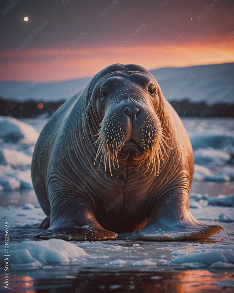 Fototapeta premium Front view of a large walruses in a snowy icy landscape