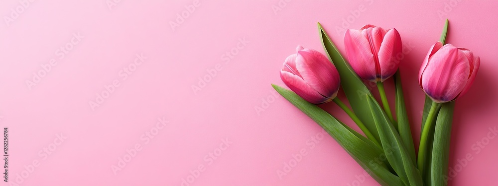 Obraz premium Soft Pink Tulips with Green Leaves on Minimalistic Background