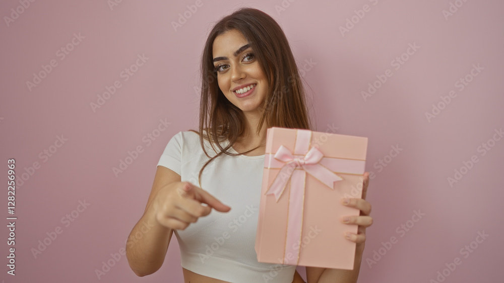 Woman pointing at the camera holding a pink gift with a ribbon, standing against a pink background, smiling and celebrating, showcasing a present in a vibrant, isolated setting. Woman pointing at the camera holding a pink gift with a ribbon, standing against a pink background, smiling and celebrating, showcasing a present in a vibrant, isolated setting.