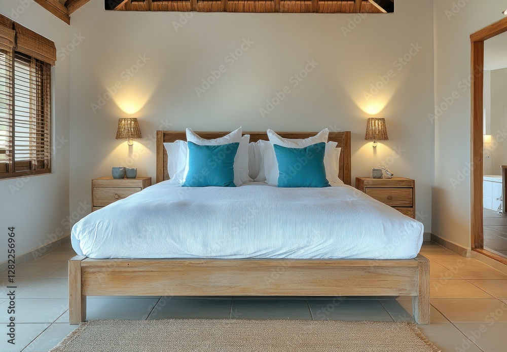 Bright bedroom with king-size bed, wooden frame, teal pillows, and natural light.