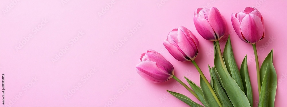 Obraz premium Pink Tulip Flowers on Pink Background Minimalistic Floral Composition