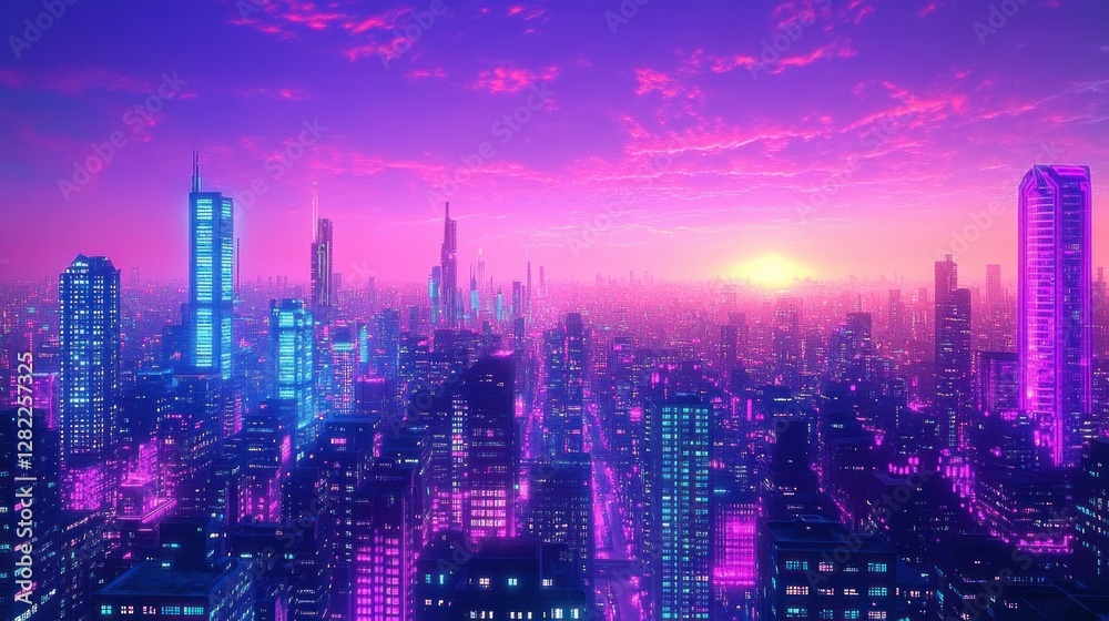 Obraz premium Futuristic Cityscape with Neon Lights and Skyscrapers at Dusk in Cyberpunk Art Style