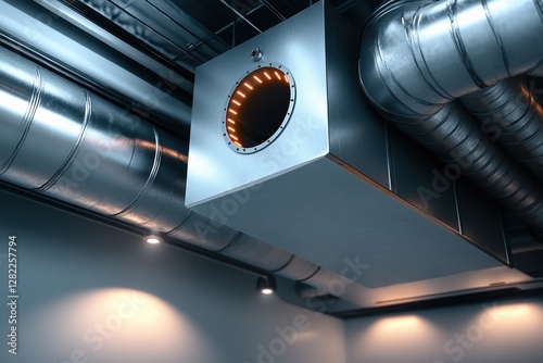 Modern Ventilation System with Heat Recovery and Air Conditioning in House Service Room Mounted on Ceiling