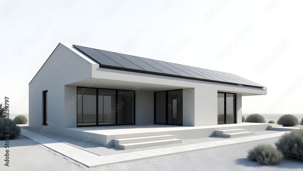 A minimalist modern house with solar panels integrated into the roof. Clean lines, monochromatic colors, and large windows highlight the sleek, eco-friendly design. A minimalist modern house with solar panels integrated into the roof. Clean lines, monochromatic colors, and large windows highlight the sleek, eco-friendly design.