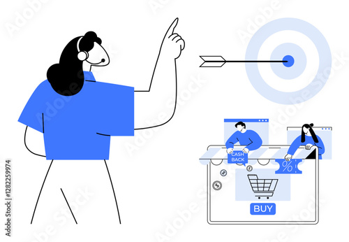 Customer service representative gestures toward a target, guiding computer users through online shopping. Ideal for retail, customer support, e-commerce, marketing, online shopping, sales strategy