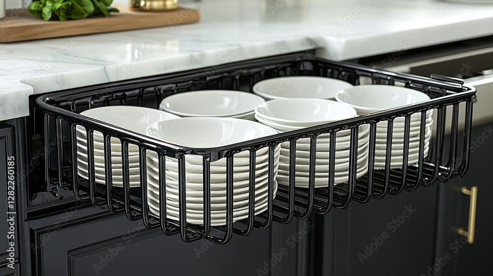 Obraz premium Kitchen dish drawer pulled out with stacked white bowls and plates
