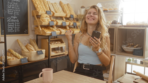 Young, blonde, woman smiling in a bakery interior, holding a smartphone, surrounded by bread and pastry shelves, sitting at a wooden table with a pink cup, enjoying her time indoors