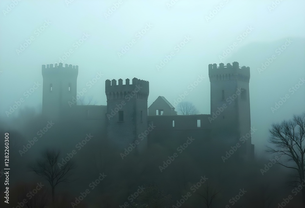 A row of abandoned medieval castles standing in foggy mountains, their towers barely visible through the mist, evoking a sense of forgotten history and lost grandeur. A row of abandoned medieval castles standing in foggy mountains, their towers barely visible through the mist, evoking a sense of forgotten history and lost grandeur.