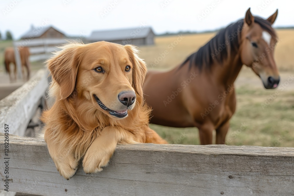 Golden retriever resting on fence at farm with horse Golden retriever resting on fence at farm with horse
