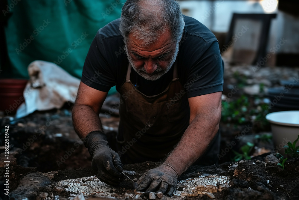 custom made wallpaper toronto digitalA close-up of an artisan’s aged hands carefully restoring a delicate mosaic in an ancient heritage site, emphasizing craftsmanship and dedication.