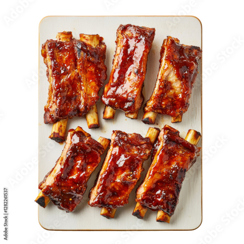 Delicious barbecue ribs glazed with rich sauce, served on wooden board. Perfect for gatherings and outdoor meals, these tender ribs are crowd pleaser photo