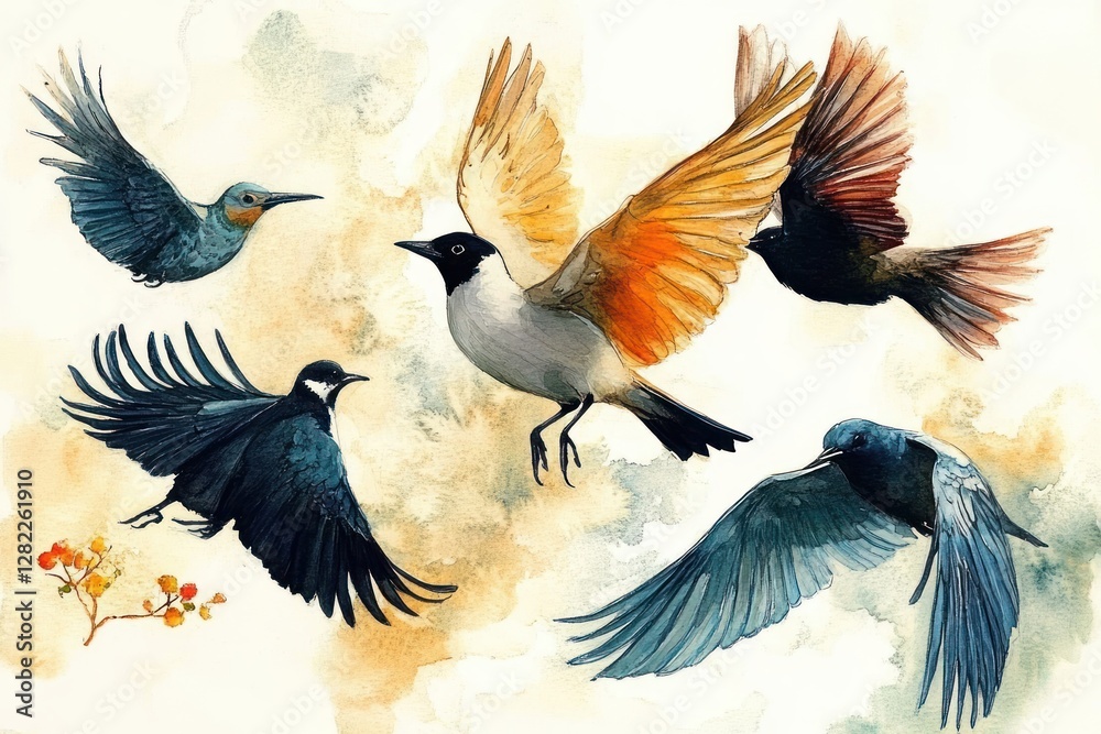Fototapeta premium Collection of Colorful Water Birds and Waterfowl Ducks Flamingos Pelicans Herons Cranes Swans in Watercolor Style