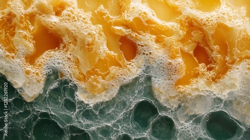 Close-up of an abstract image showing a mesmerizing swirl of amber and teal liquids with frothy foam and bubbles. Abstract Amber and Teal Liquid Swirl: A Captivating Blend of Colors and Textures