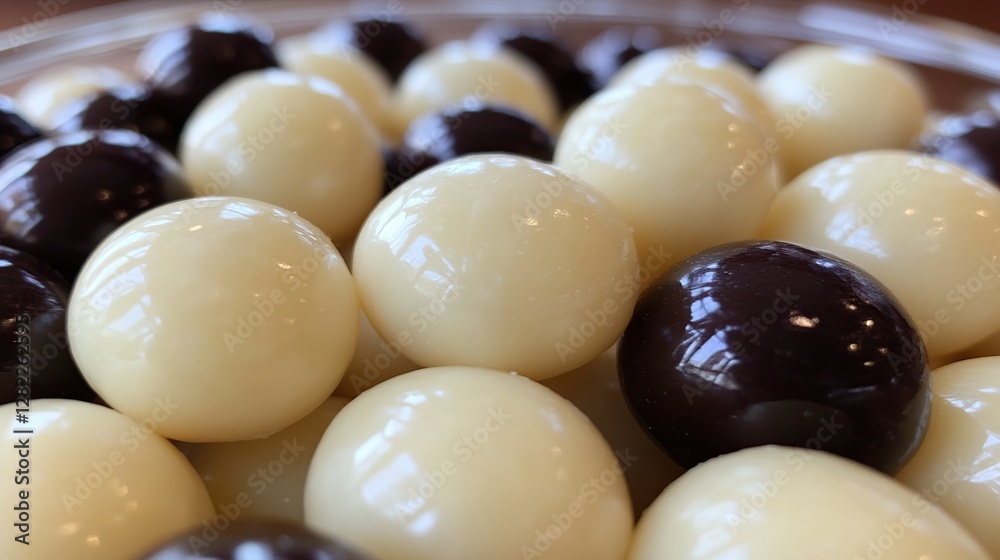 White & dark chocolate balls in a glass bowl, indoors, close up view for confectionery use White & dark chocolate balls in a glass bowl, indoors, close up view for confectionery use