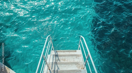 Ladder descending into vibrant turquoise ocean water for swimming access