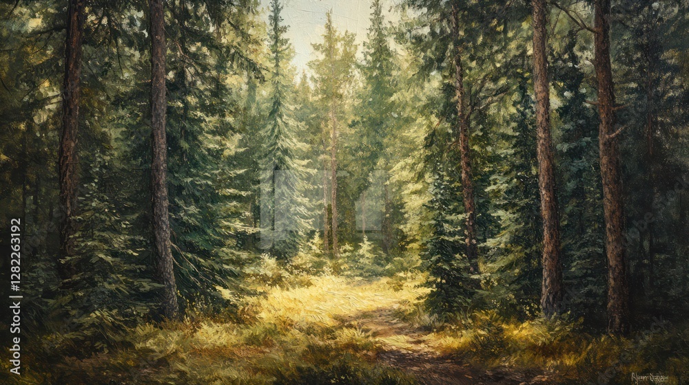 Fototapeta premium Sunlit Forest Path, Nature, Tranquil, Summer, Trees, Woodland, Landscape, Calm, Painting, Background